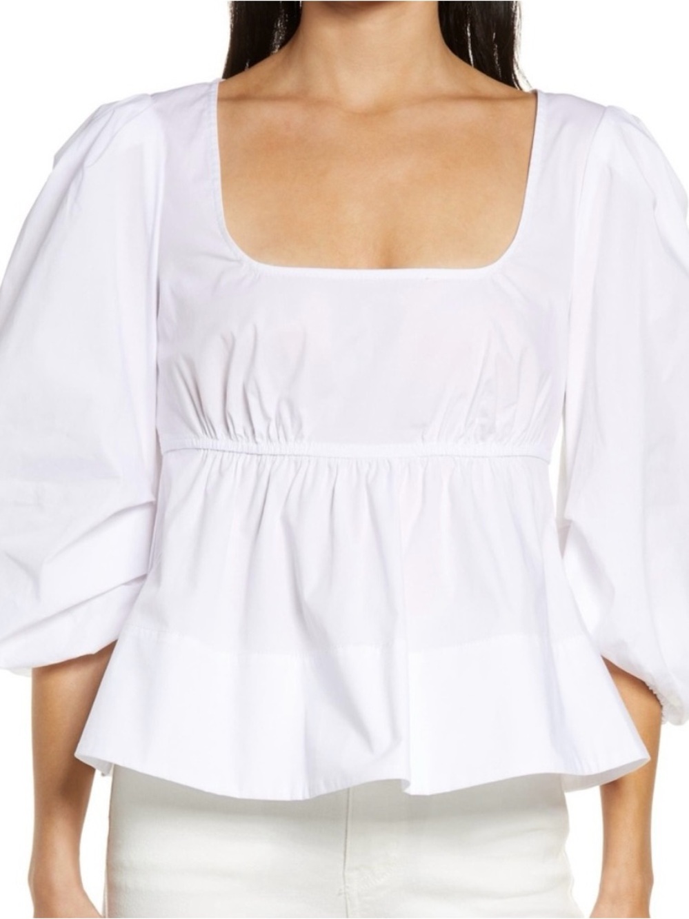 STAUD White Square-Neck Peplum Blouse with Puff Sleeves